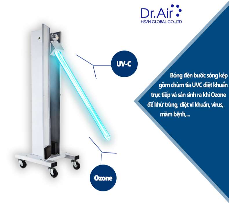 Đèn UVC khử trùng phòng di động Dr.Air UV 60W kèm điều khiển từ xa, cho phòng <60m2-Hàng Chính Hãng
