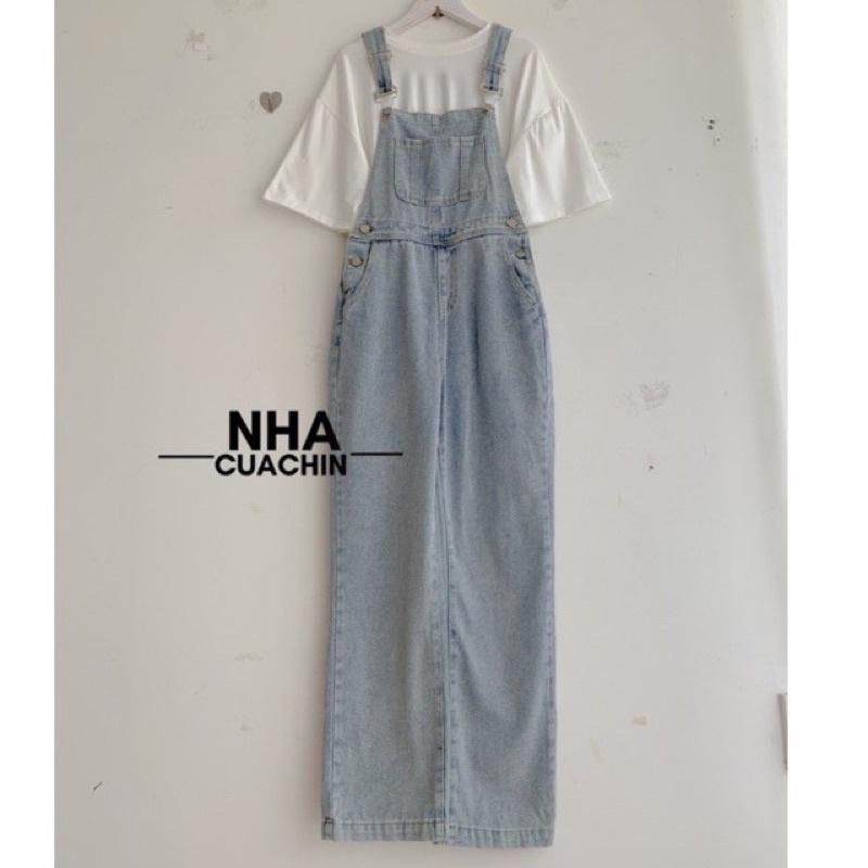 Yếm jean nút gài ống suông xanh đậm