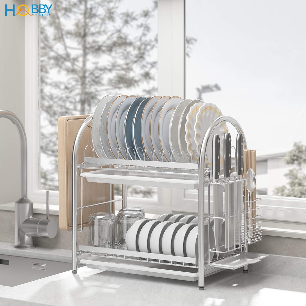 Kệ chén đa năng 2 tầng inox 304 có khay nhựa Hobby home decor KC2K