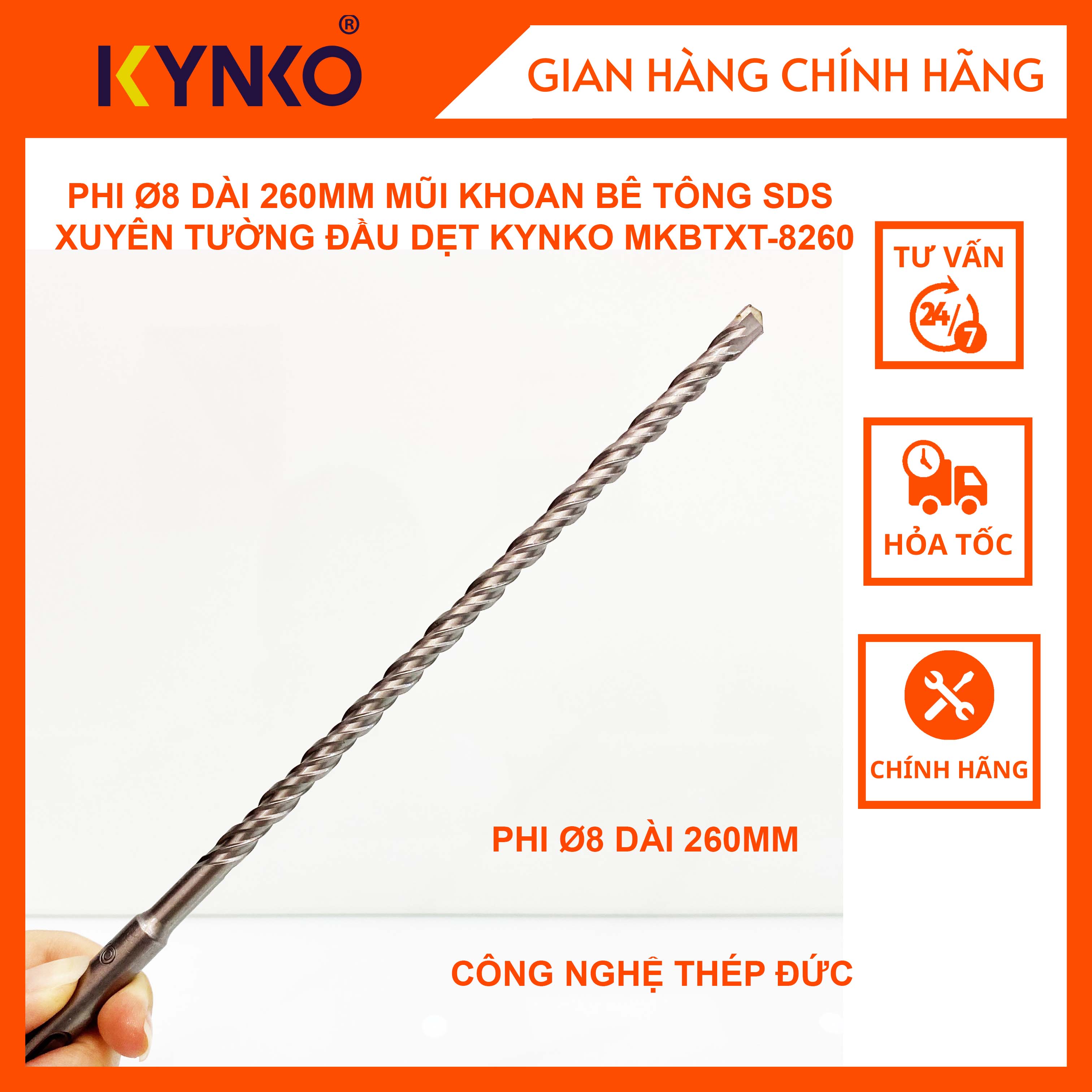 PHI Ø8 DÀI 260MM MŨI KHOAN BÊ TÔNG SDS XUYÊN TƯỜNG ĐẦU DẸT KYNKO MKBTXT-8260