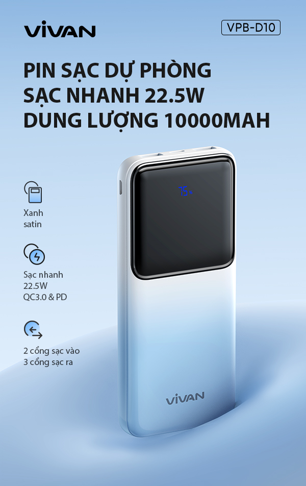 Pin Sạc Dự Phòng VIVAN VPB-D10 Dung lượng 10.000 mAh Sạc nhanh 22.5W QC3.0 &amp; PD 2 cổng sạc vào 3 cổng sạc ra HÀNG CHÍNH HÃNG