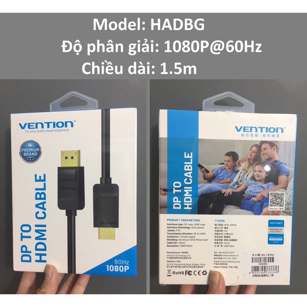 [ DP ra HDMI ] Cáp chuyển DP male ra HDMI male hỗ trợ 4K Vention HAGBF - Hàng chính hãng