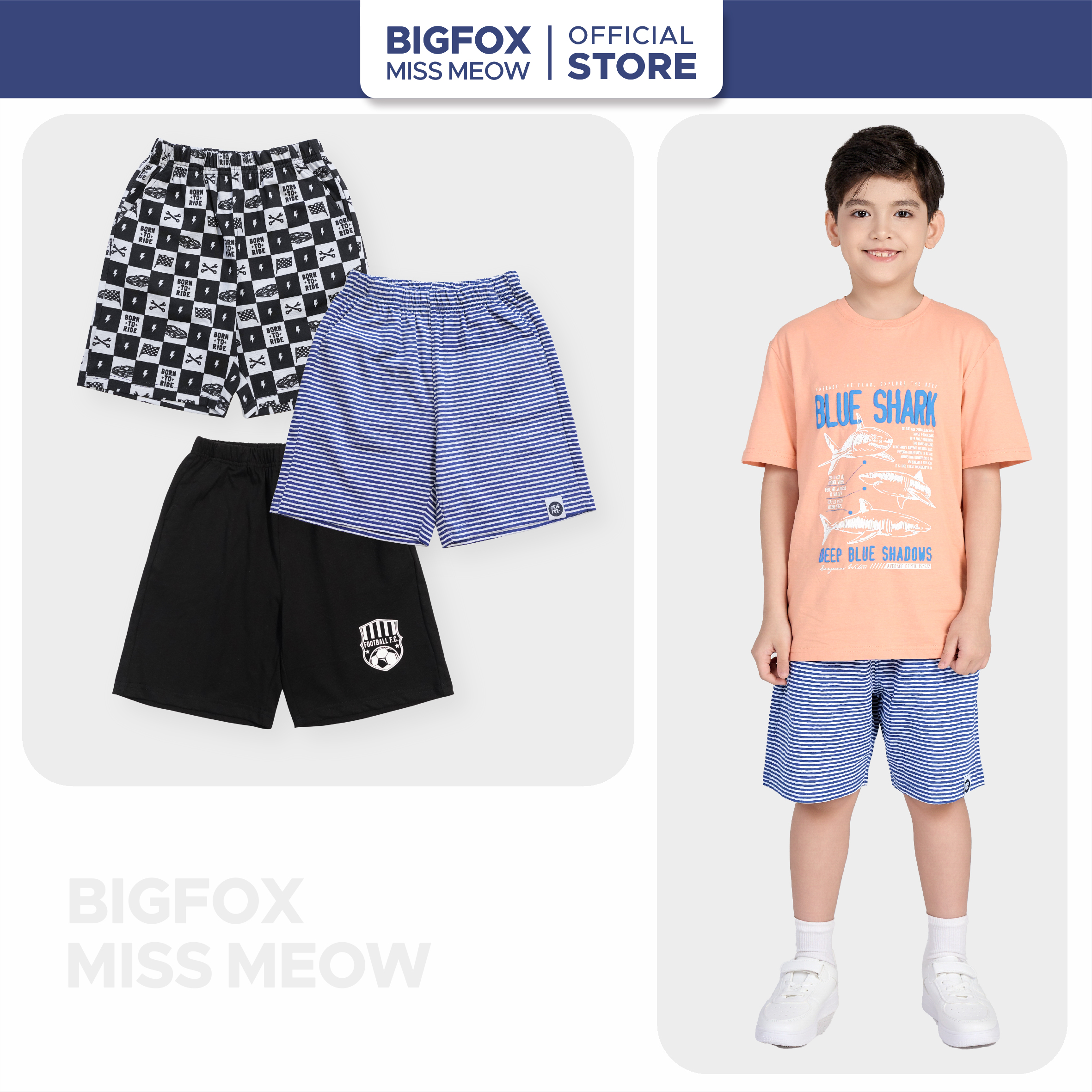 Quần short cho bé trai Bigfox Miss Meow mặc mùa hè size đại vải cotton mềm họa tiết cá tính cỡ trẻ em 3-11 tuổi