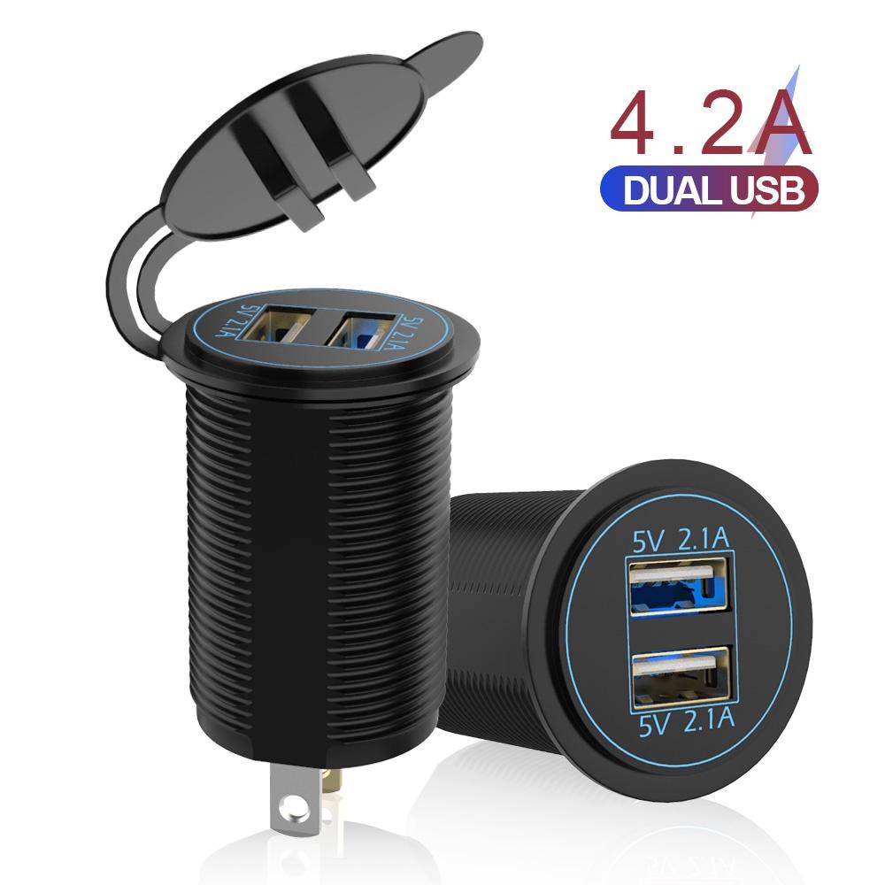 Ổ cắm sạc đèn LED xanh 5V 4.2A hai cổng USB 12-24V 2 cổng USB chống nước cho xe hơi/xe tải/xe máy