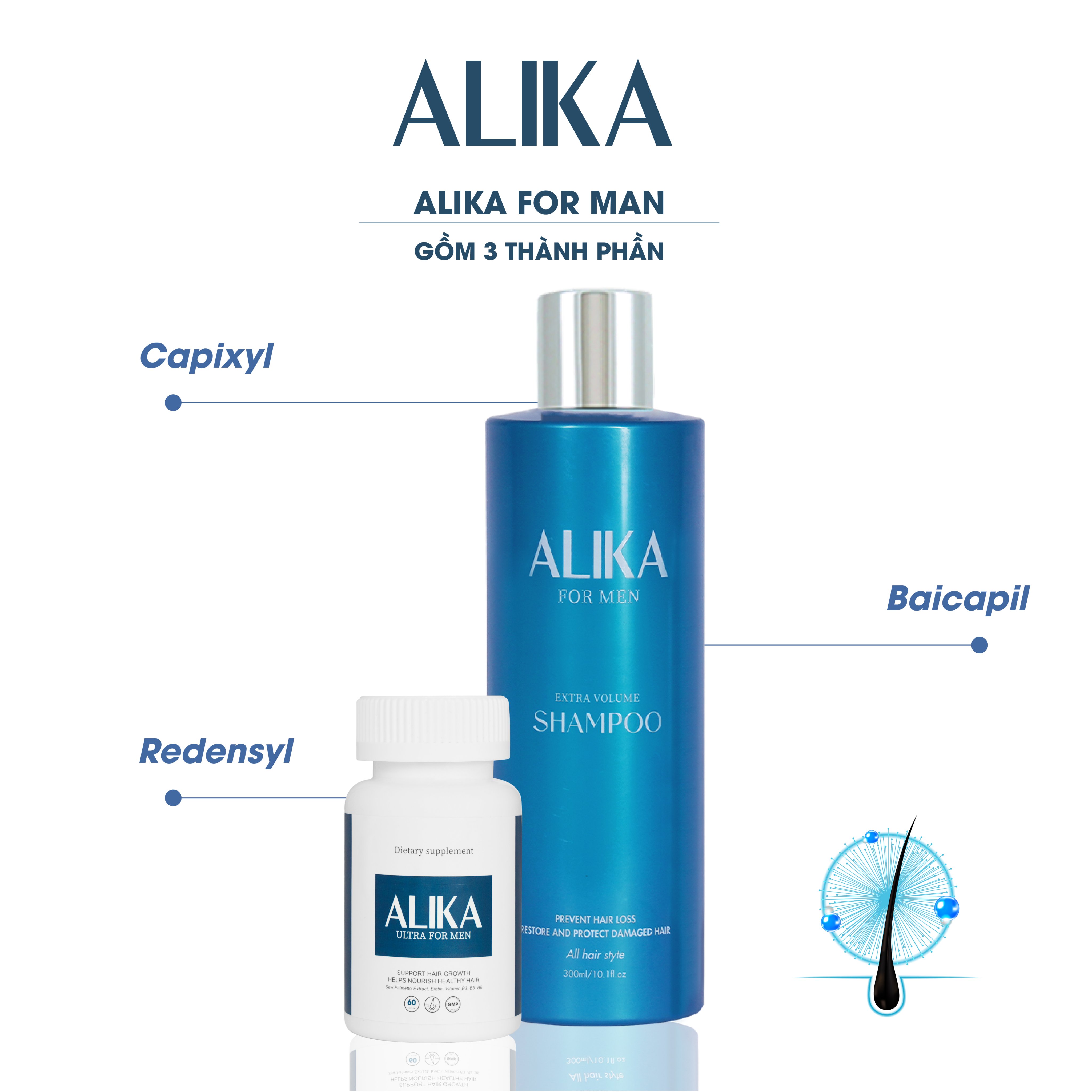 Bộ sản phẩm dầu gội chăm sóc tóc, giúp giảm rụng Alika For Men+ 300ml và viên uống hỗ trợ mọc tóc nhanh 60 viên