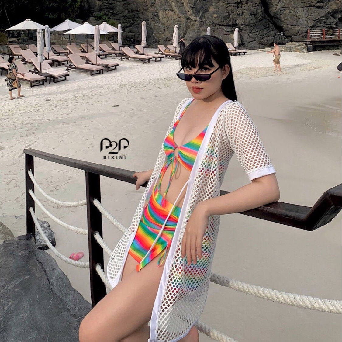 P2P BIKINI - Set đồ bơi 3 món, áo mút hai dây, quần tam giác kèm váy cầu vồng - BTK450HT_SET3