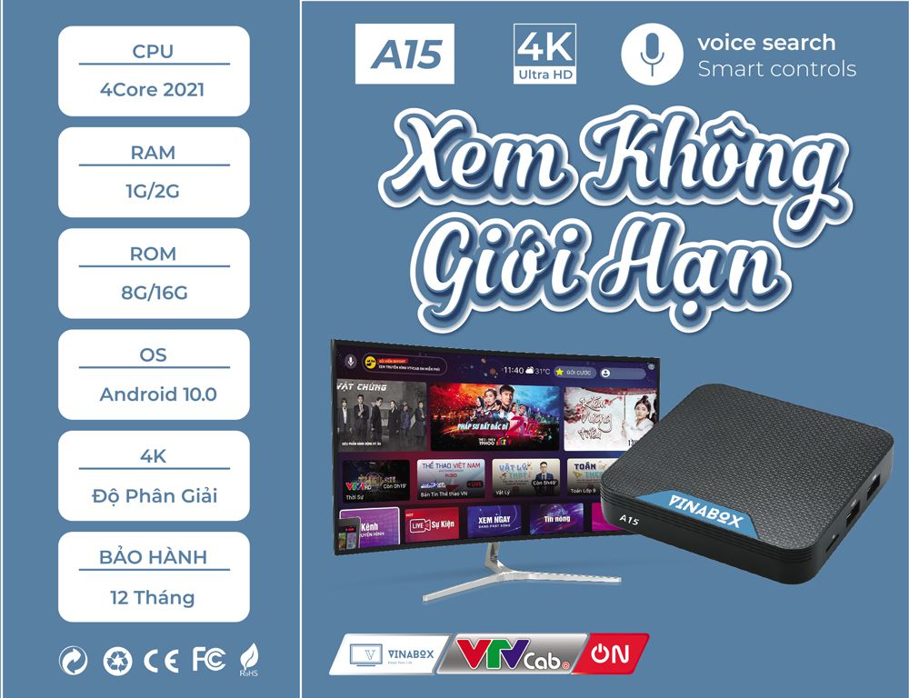 Android Tivi Box Vinabox A15, xem truyền hình bản quyền miễn phí, hệ điều hành Android TV - Hàng Chính Hãng