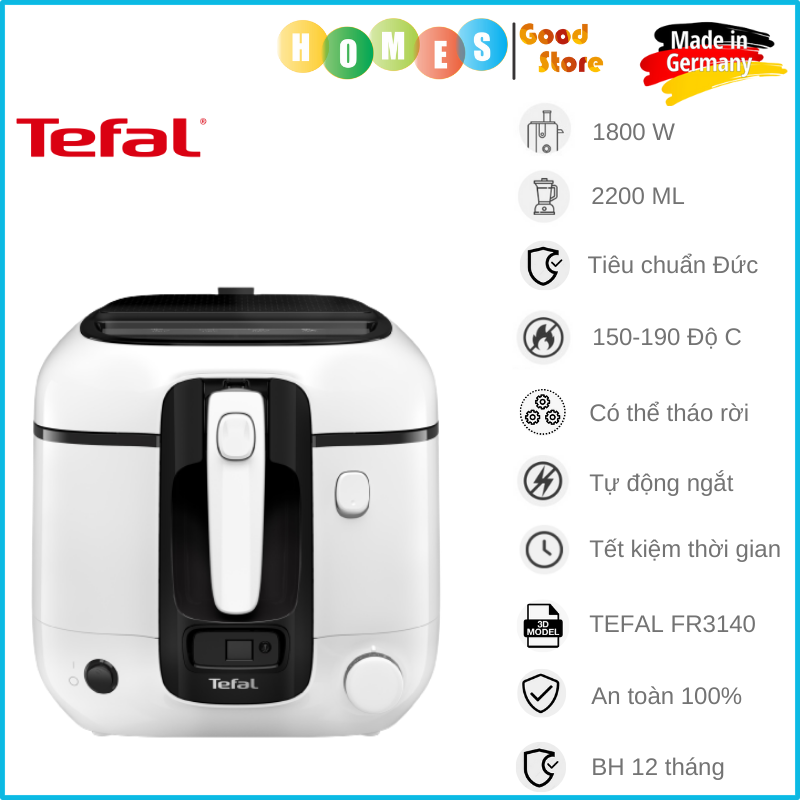 Nồi Chiên Ngập Dầu TEFAL FR3140, Nhập Khẩu Đức Không Bắn Dầu Mỡ, Nồi Có Thể Tháo Rời, Bộ Lọc Than Hoạt Tính, Dung Tích 2.2L, Công Suất 1800W - Hàng Nhập Khẩu