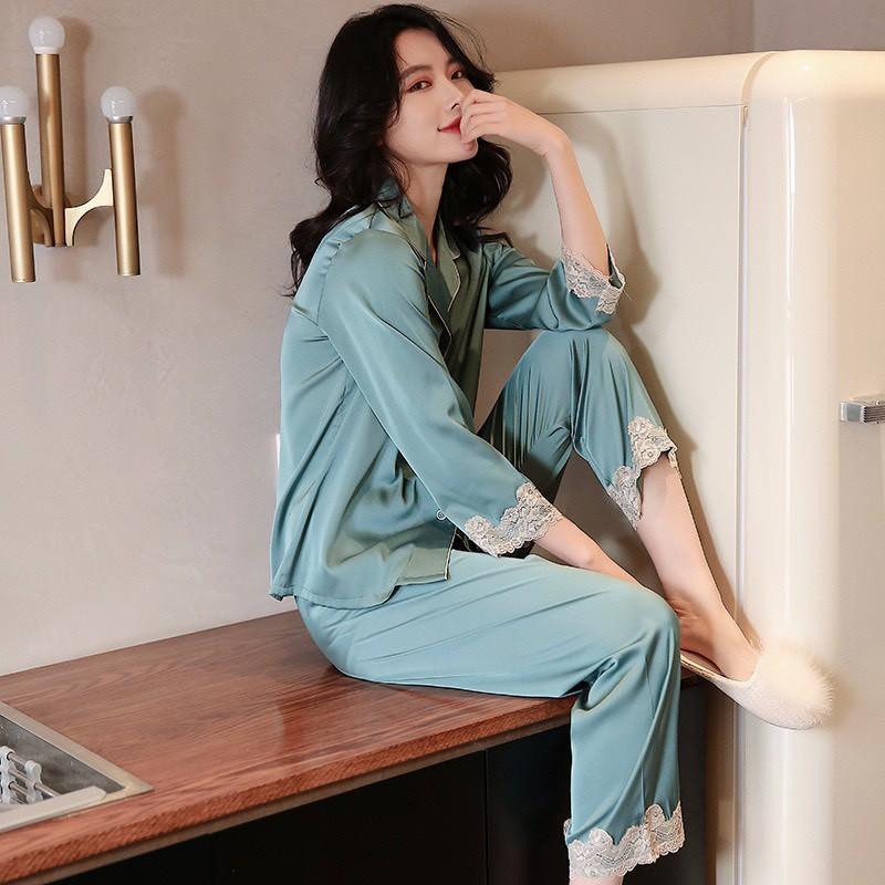 Pijama- Bộ Ngủ lụa cao cấp quý phái áo quần dài màu xanh đỏ vàng LDD00