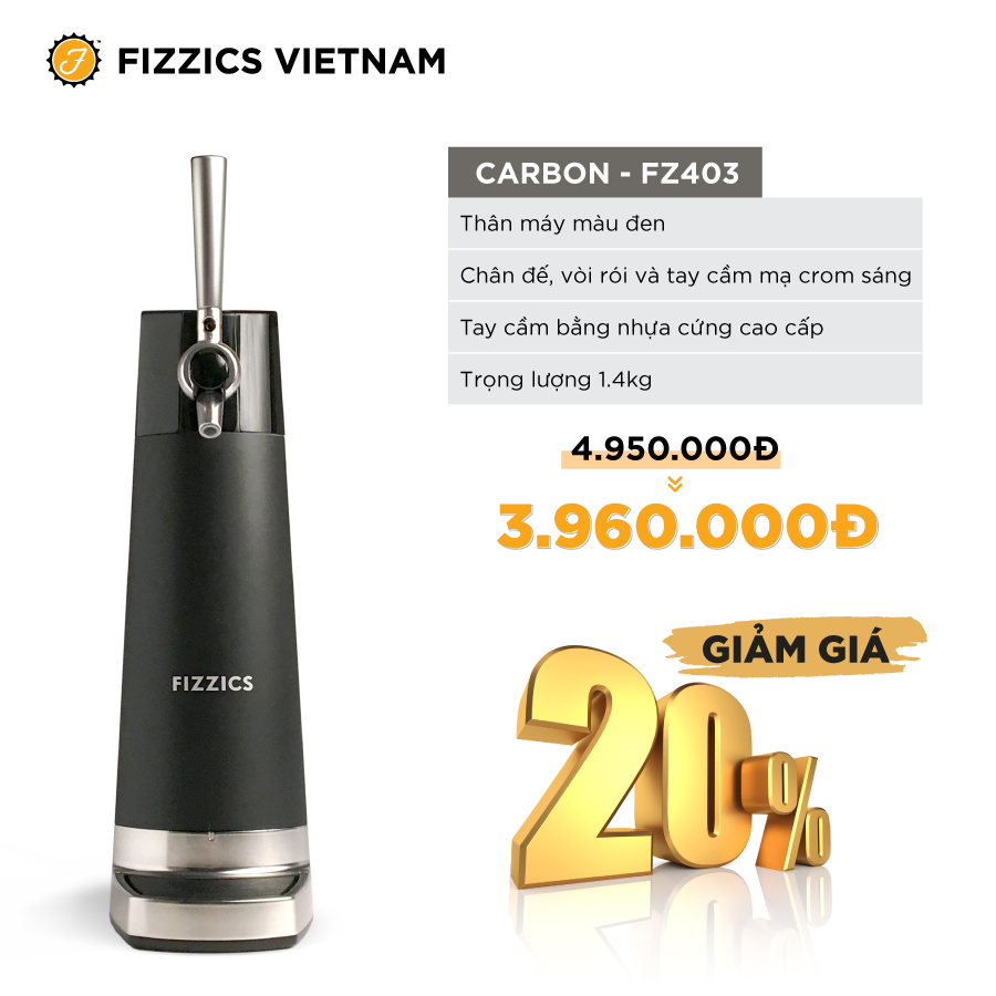 Máy Tạo Bia Tươi FIZZICS Shark Tank Mỹ - Model: CARBON FZ403 - Đen Bạc - Tạo Bia Tươi Từ Bia Lon, Bia Chai.