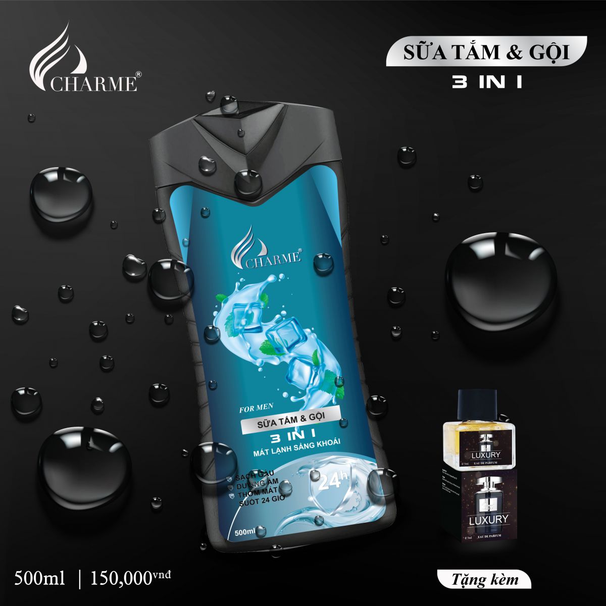 Sữa tắm và gội toàn thân 3in1 Charme For Men mát lạnh sảng khoái 500ml