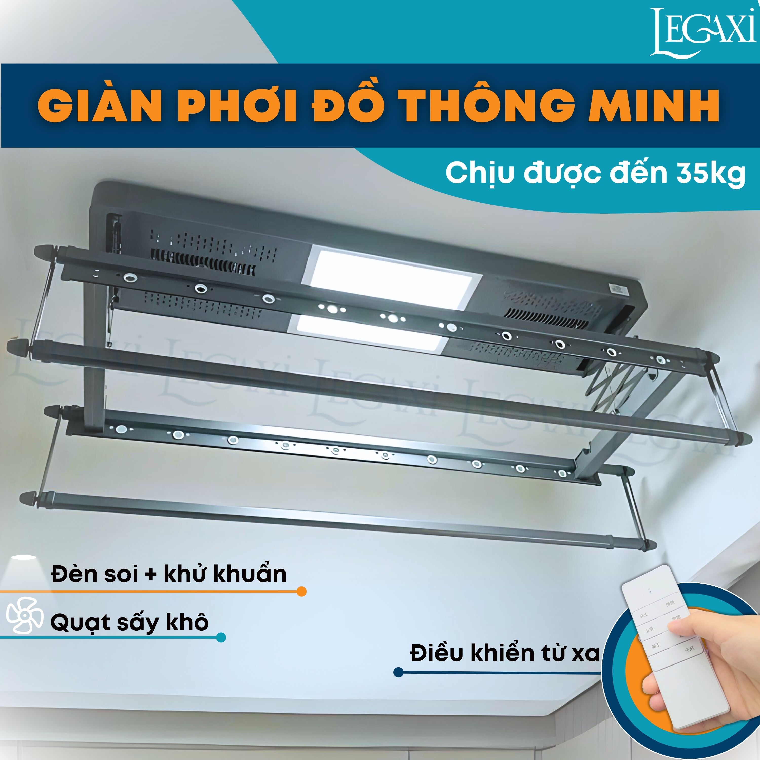 Sào Phơi Đồ Tự Động, Giá Treo Quần Áo Có Quạt Sấy Khô Đèn LED Khử Trùng Tia Cực Tím Remote Gắn Trần Legaxi