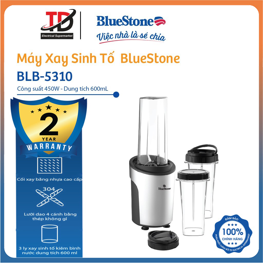 Máy xay Sinh Tố BlueStone BLB-5310,Công suất 450w - Kèm 3 Cối Xay Mang Đi, Hàng chính hãng