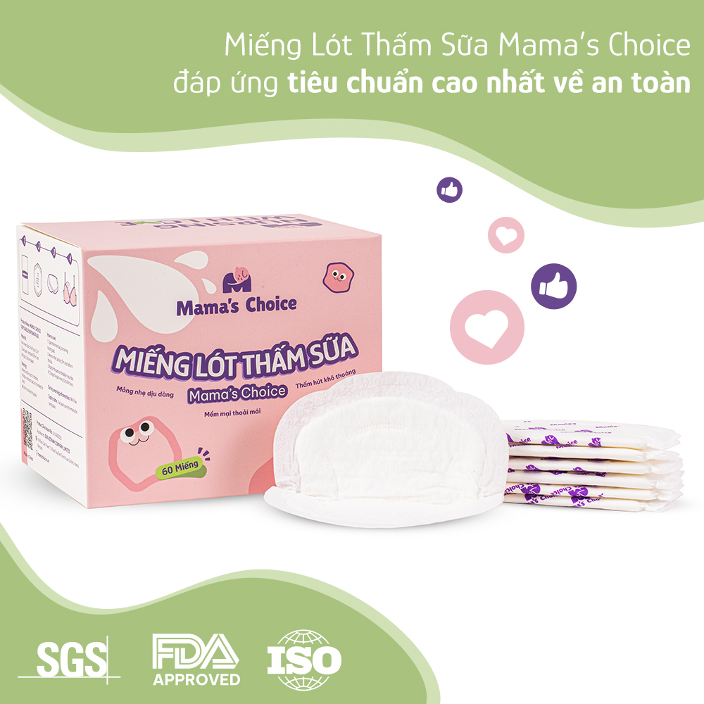 Miếng Lót Thấm Sữa Mama's Choice, Tấm Lót Thấm Hút Sữa Mẹ, Mỏng Nhẹ và Bám Dính Tốt (Hộp 60 Miếng)