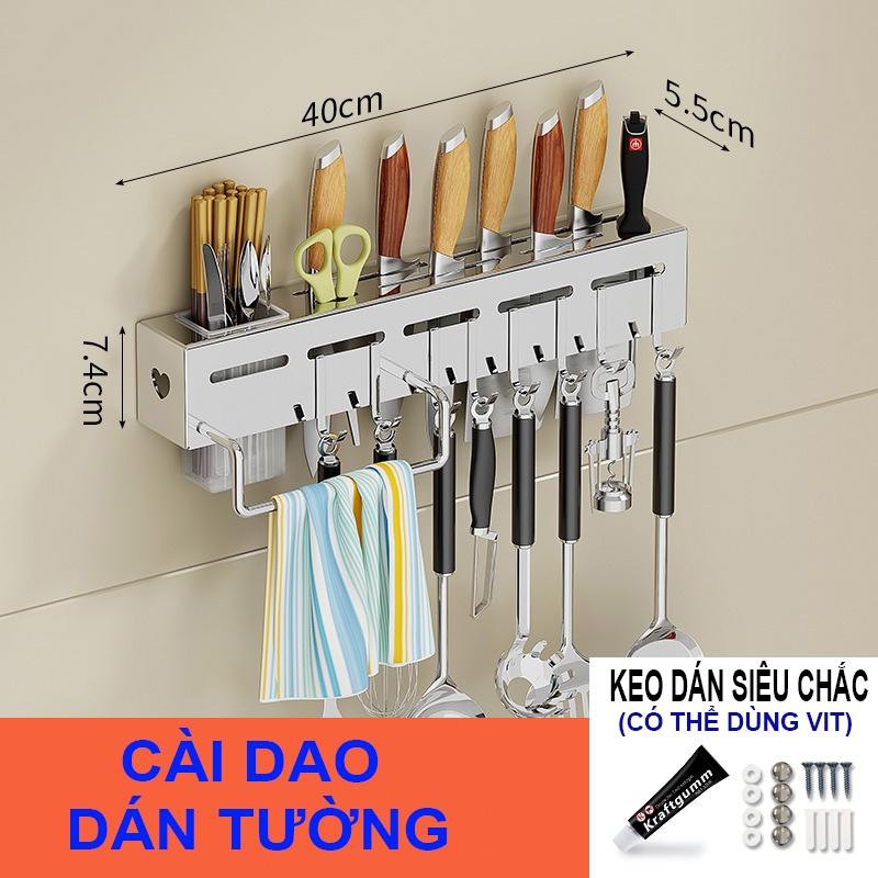 Giá Treo Đồ Nhà Bếp Inox Dán Tường, Có Móc Cài Dao Không Gỉ, Không Cần Khoan Đục Tường Gọn Nhẹ