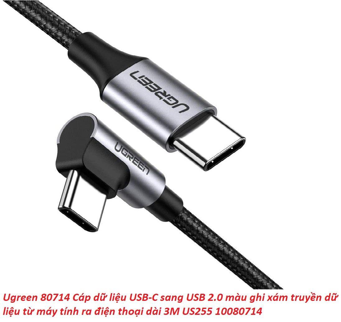 Ugreen UG80714US255TK 3M bẻ góc C 90 độ màu xám cáp 2 đầu type c 2.0 sạc và truyền dữ liệu từ máy tính ra điện thoại - HÀNG CHÍNH HÃNG