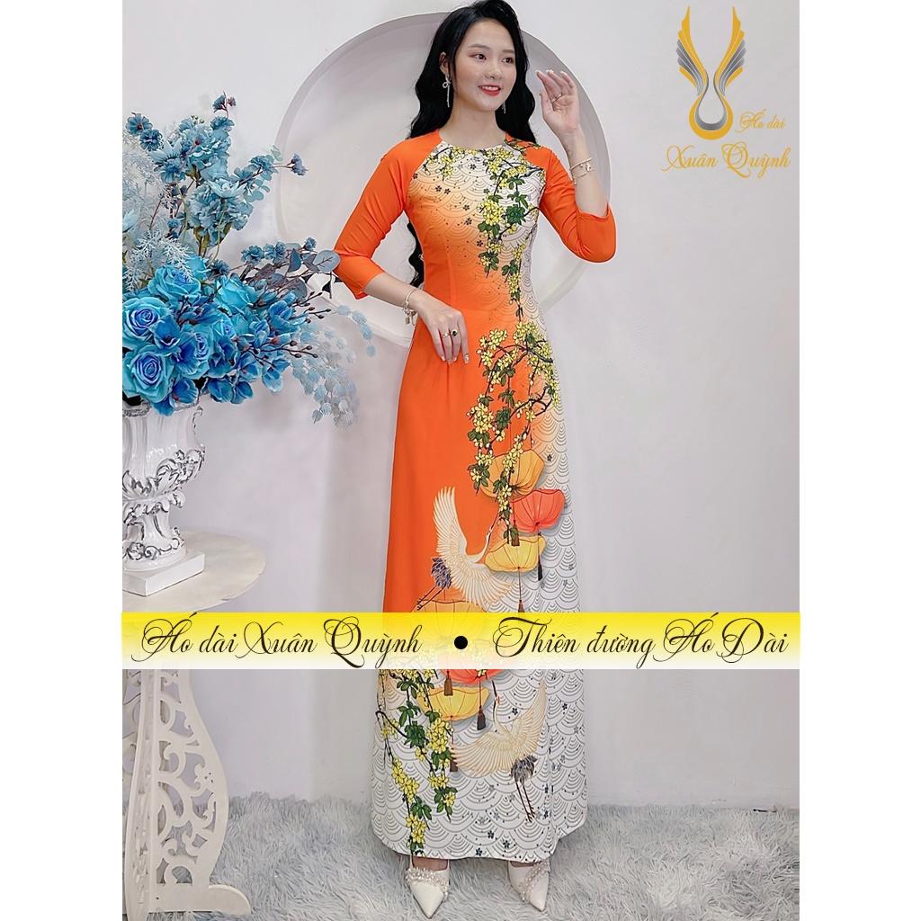 Áo Dài Truyền Thống Đèn Lồng Phối Hoa, Hồng Hạc Duyên Dáng Lụa Habutai A23 - Áo Dài Xuân Quỳnh