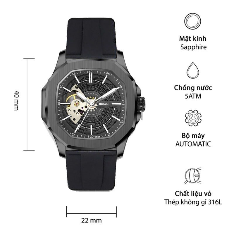 Đồng hồ nam Draco D23-DS68 “DongSon” Automatic full đen kết hợp chất liệu dây cao su non cao cấp màu đen-thời trang nam thể thao