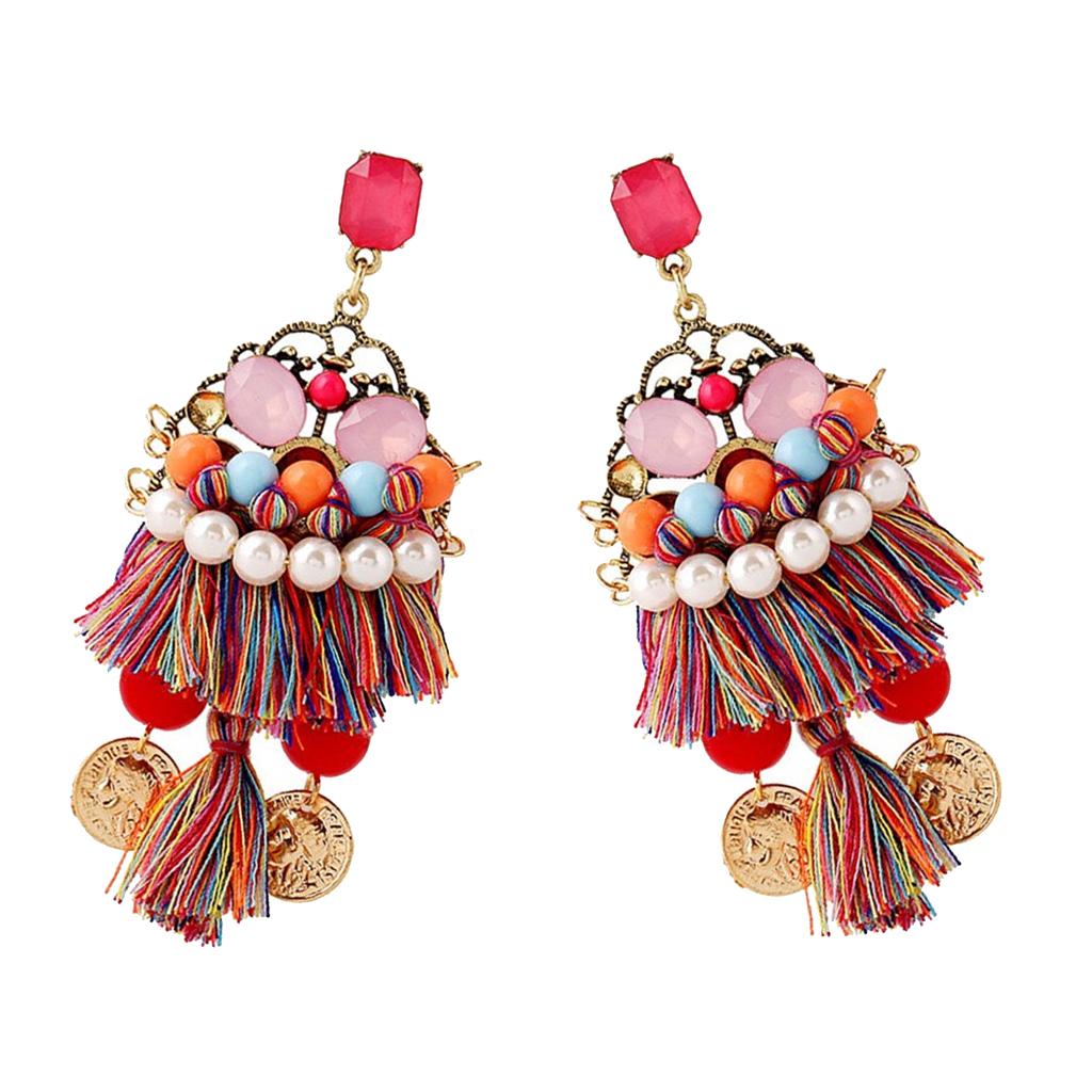 Trendy Shiny Tassel Fringe Earrings with Multisize Colorful Plastic Pearls