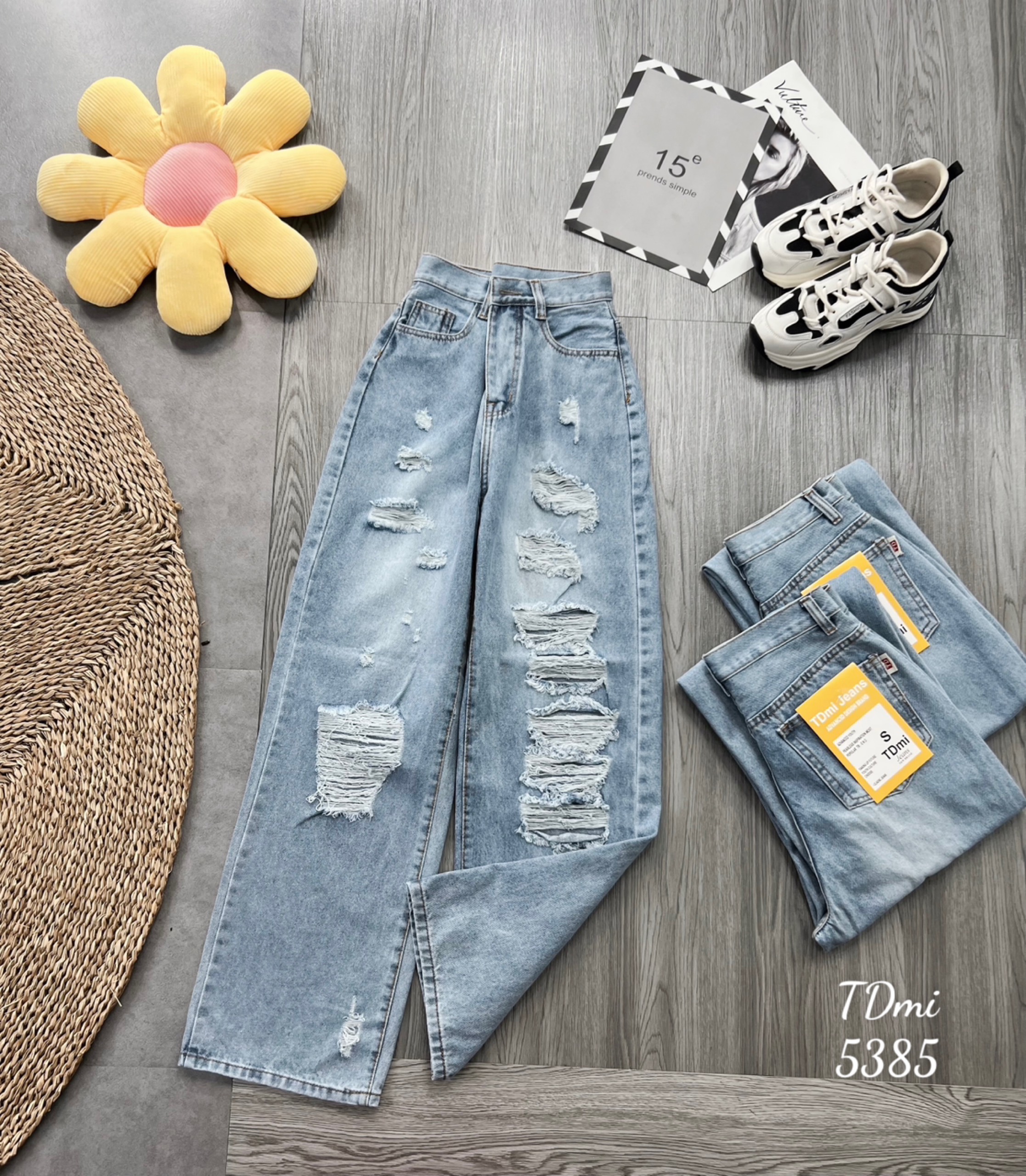 Quần Baggy Jean Nữ Lưng Cao Rách Kiểu Lai Cuốn Vải Bò Nữ Ulzzang Phong Cách Thời Trang