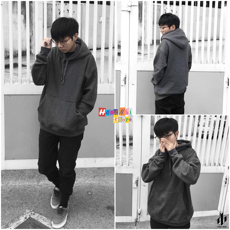 Áo Khoác Hoodie Trơn Ulzzang Unisex Màu Xám Đen Chất Nỉ Bông Cao Cấp Dáng Rộng Nam Nữ - MM