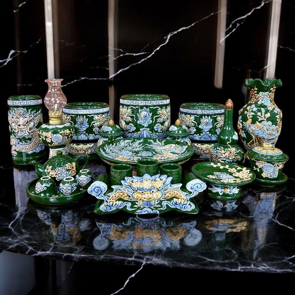 Chóe Thờ Bát Tràng Men Xanh Lá Đắp Nổi RỒNG VIỆT– Đựng Gạo Muối Nước Thờ Gia Tiên, Thần Tài