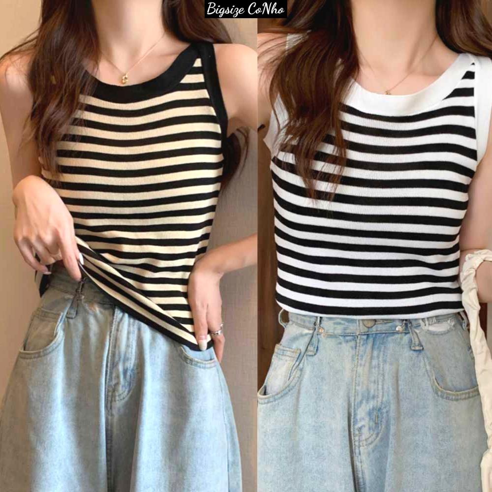 Áo croptop bigsize ba lỗ sọc viền trắng đen thun gân xịn co giãn manh G3 - Sọc đen