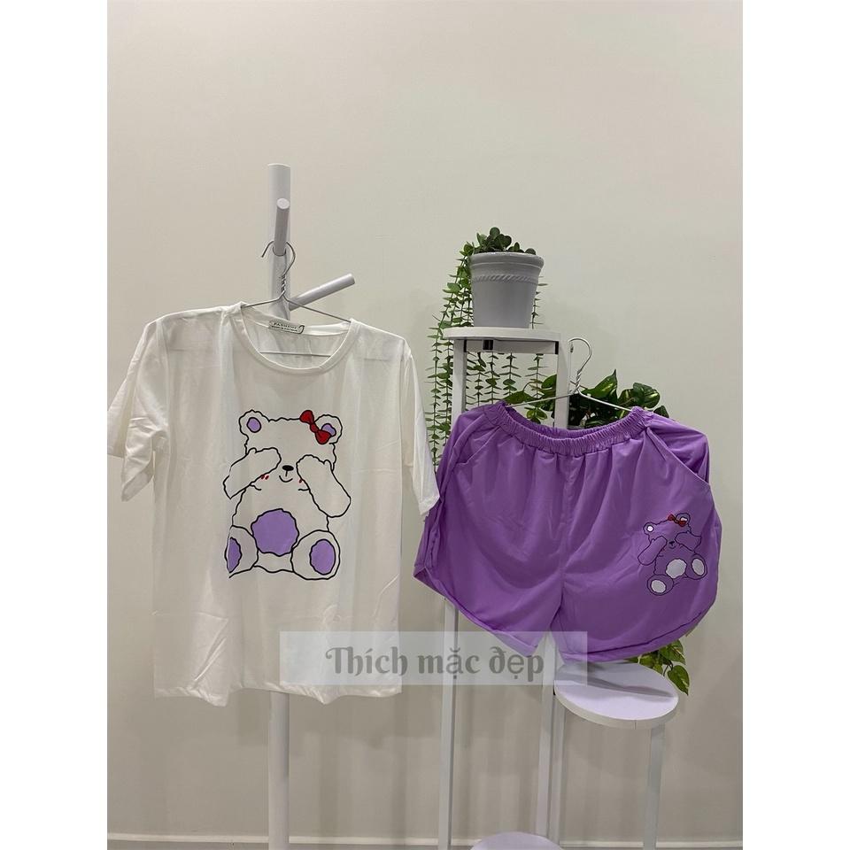 Đồ bộ nữ thun cotton style hàn quốc form rộng tay ngắn quần đùi in chú gấu cute xinh 04 màu xanh đen tím vàng