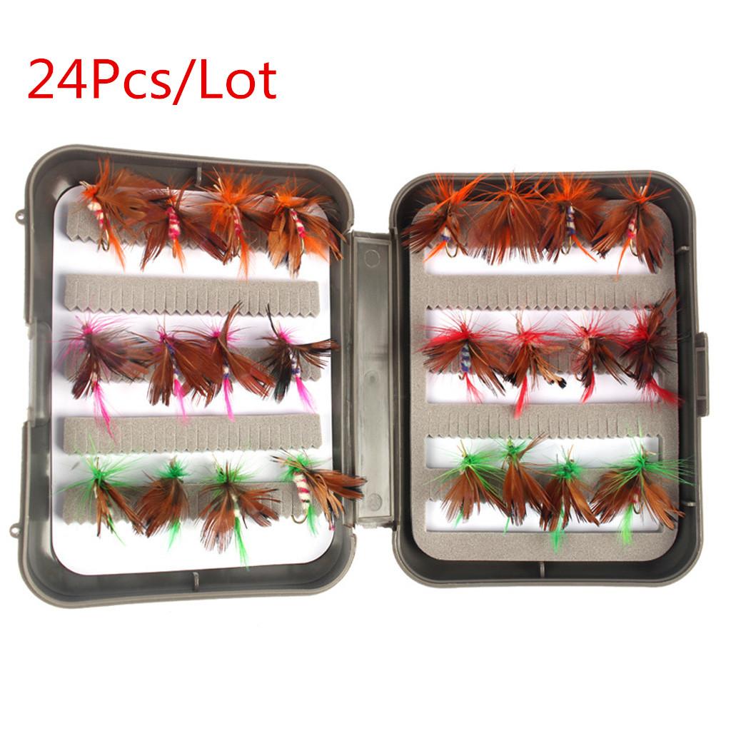 24Pcs Trout Fly Fishing Flies Dry Lures Baits Tackle Hooks Set + Fly Box