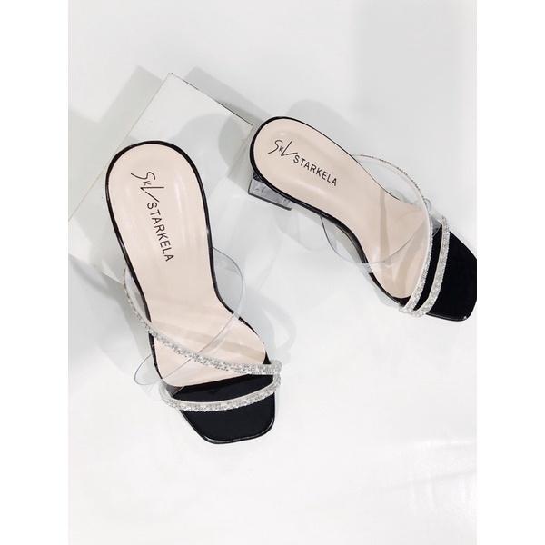 Giày sandal nữ cao gót quai đá óng ánh siêu xinh kết hợp meka sang trọng gót vuông trong suốt 5 phân mã T36