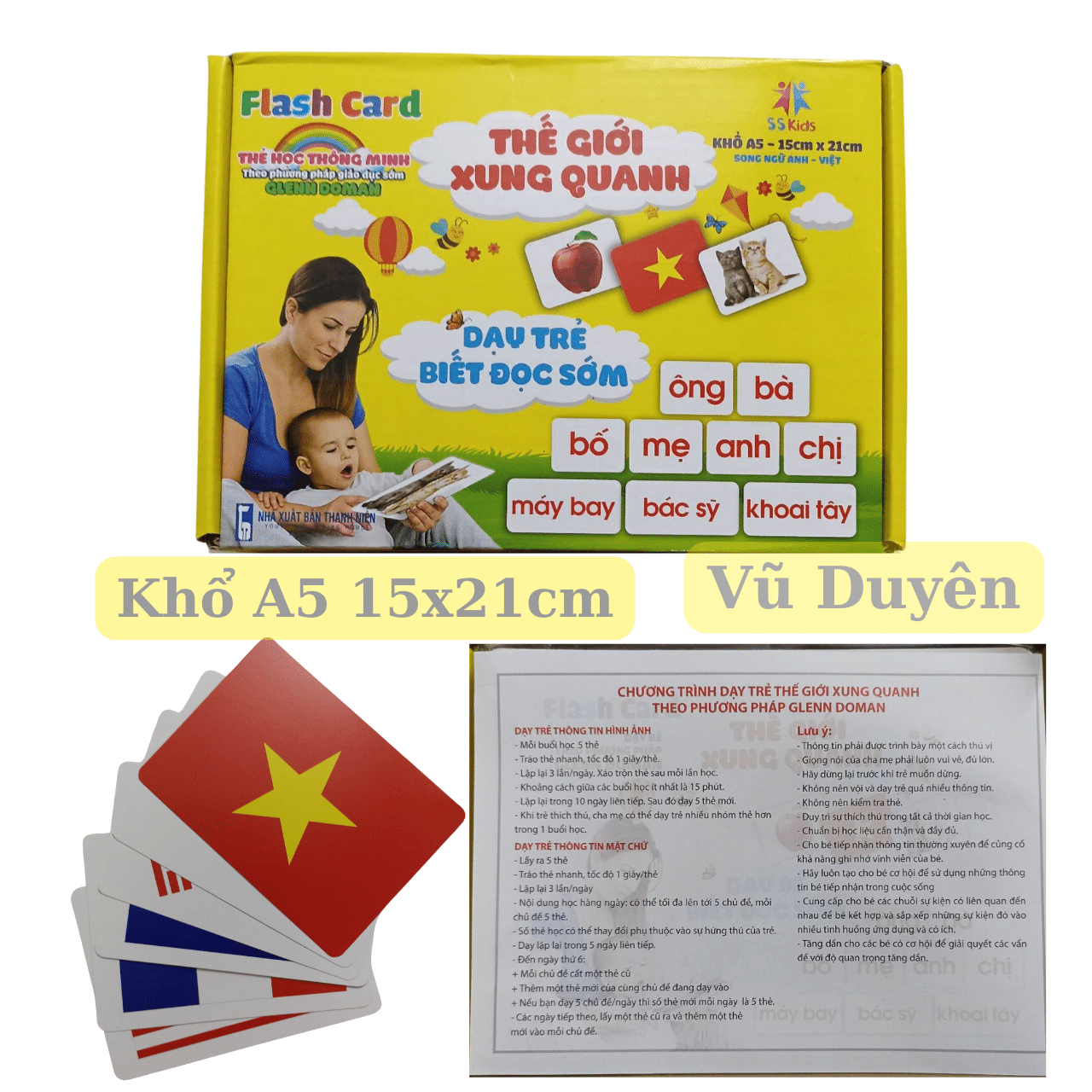 Hộp 100 thẻ học thông minh 14 chủ đề khổ A5 giúp bé nhận biết thế giới xung quanh song ngữ Anh Việt, tặng file nghe