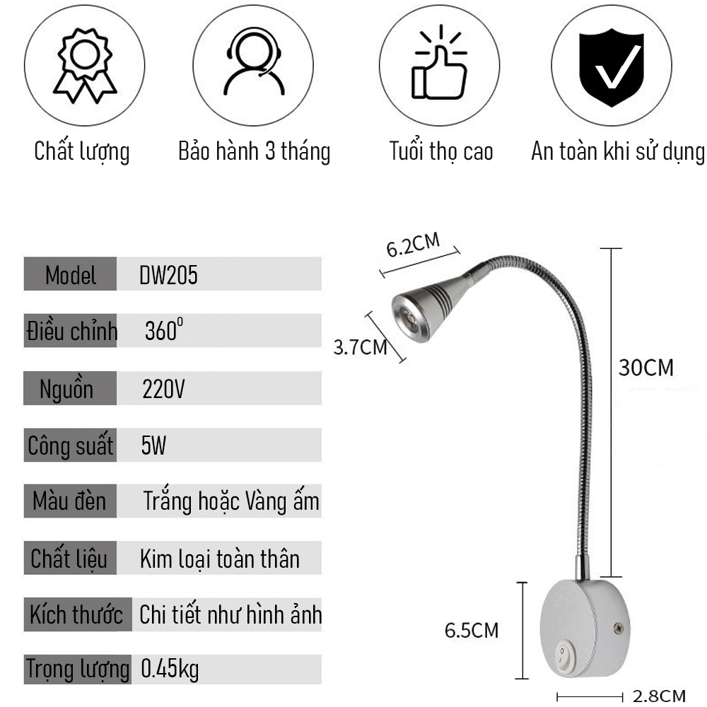 Đèn rọi Led gắn tường Kim loại 3W-220V, Đèn Đọc sách đầu giường, Đèn soi tranh trang trí phòng ngủ, phòng khách, nhà hàng, khách sạn