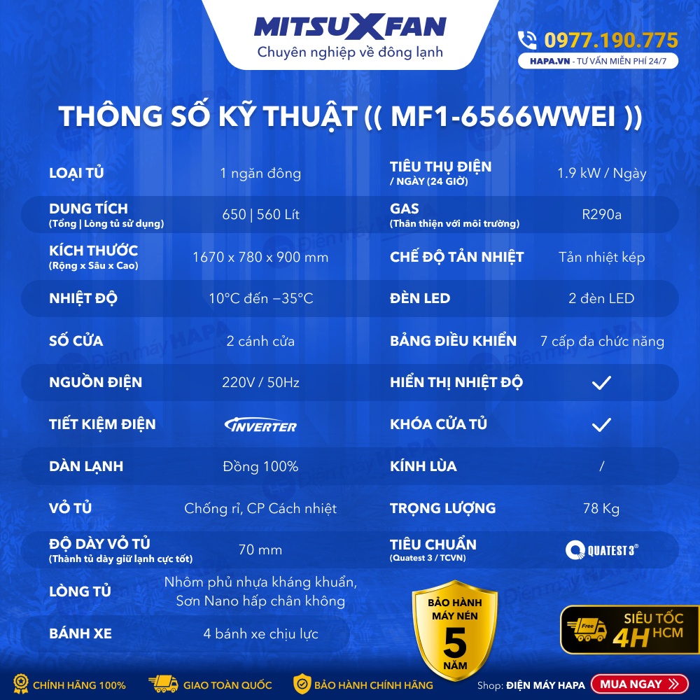 Tủ Đông Cao Cấp MITSUXFAN MF1-6666WWEI Inverter 650 Lít, 01 Ngăn, Tủ Cấp Đông Tiêu Chuẩn Châu Âu - Hàng Chính Hãng