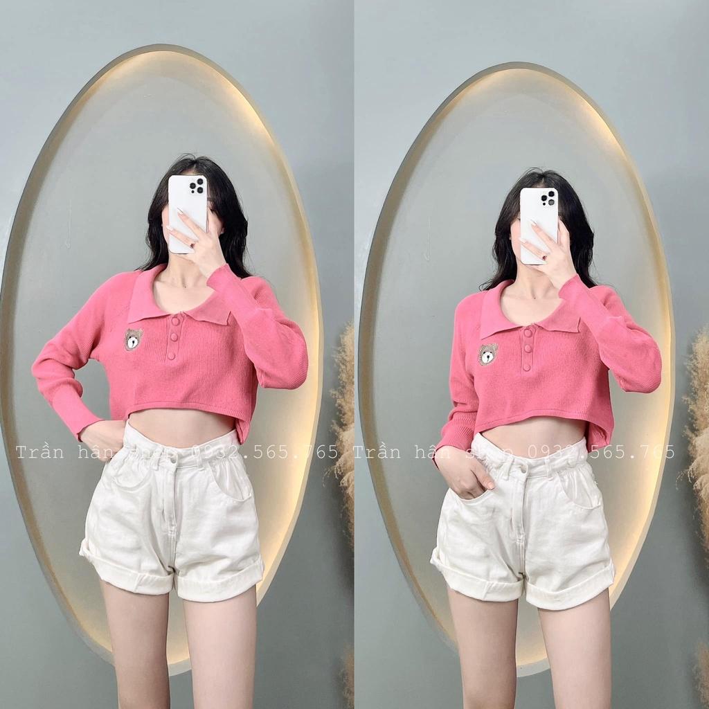 [L2M] Áo len nữ Montoghi dệt kim cổ bẻ TAY DÀI dáng CROPTOP thêu logo GẤU phong cách Hàn Quốc xinh xắn