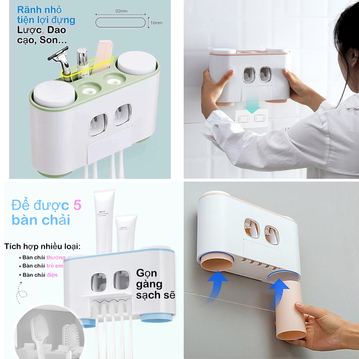Kệ Nhả Kem Đánh Răng Tự Động Thông Minh Kết hợp rãnh để đồ & treo cốc - Tặng kèm 4 Cốc Hút Từ Tính - Kệ Nhà Tắm Dán Tường Tiện Ích - Giao màu Ngẫu Nhiên