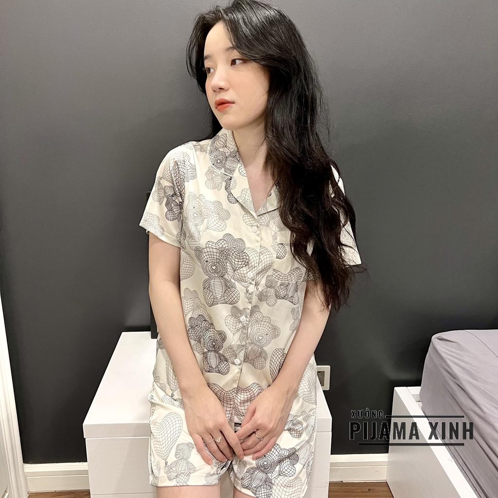 Đồ Bộ Nữ FREESHIP Bộ Đồ Ngủ Lụa pijama cộc tay mặc nhà họa tiết gấu trái tim dễ thương