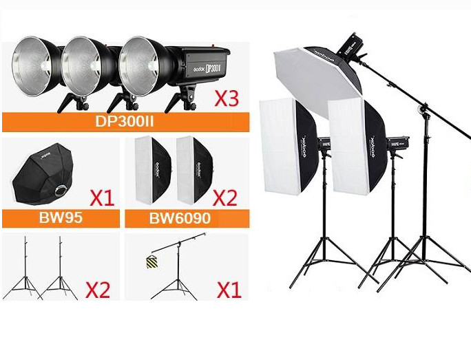 Bộ 3 đèn flash chụp ảnh Godox DP300II Hàng chính hãng,