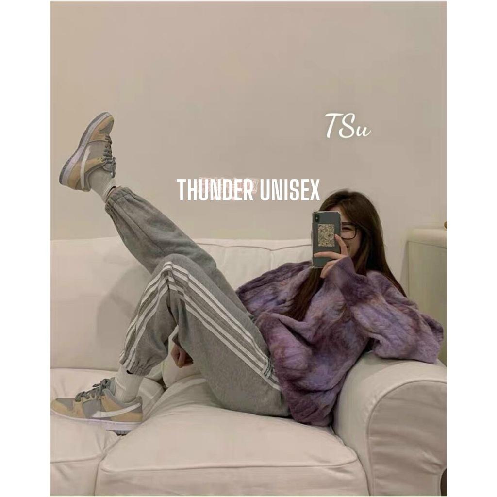 Quần Jogger Nam Nữ Sọc Trắng Form Ống Rộng Bo Gấu Vải Nỉ Mịn Mềm Mát Quần Thể Thao THUNDER UNISEX 2 Màu Xám Đen Loại 1