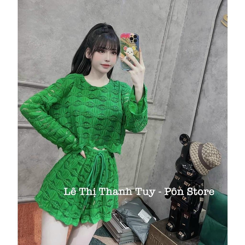 Set bộ đồ nữ áo tay dài croptop mix quần đùi ống rộng cùng tone màu đơn giản, xinh xắn dành cho các tình yêu đi chơi