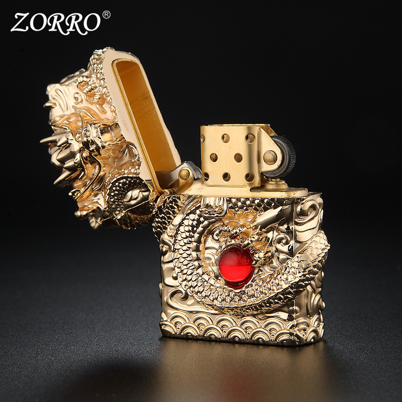 Vỏ Hột Quẹt Bật Lửa Xăng Đá Zorro Z-KJ1001C Phiên Bản Giới Hạn Rồng Vàng Cuộn Ngậm Ngọc Cao Cấp - Dùng Xăng Bấc Đá