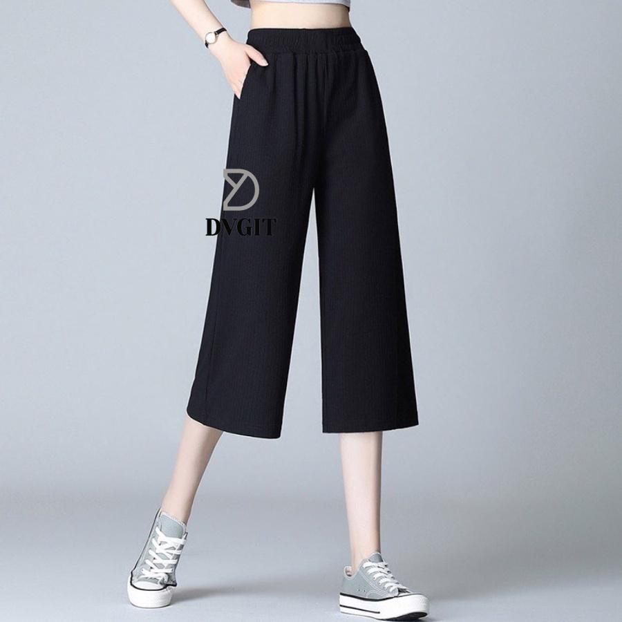 Quần Ống Rộng Nữ DVGIT Dáng Lửng Chất Liệu Thun Tăm Lạnh Màu Đen Mát Mịn Phù Hợp Đi Chơi Dạo Phồ Thời Trang Hàn Quốc - Màu đen