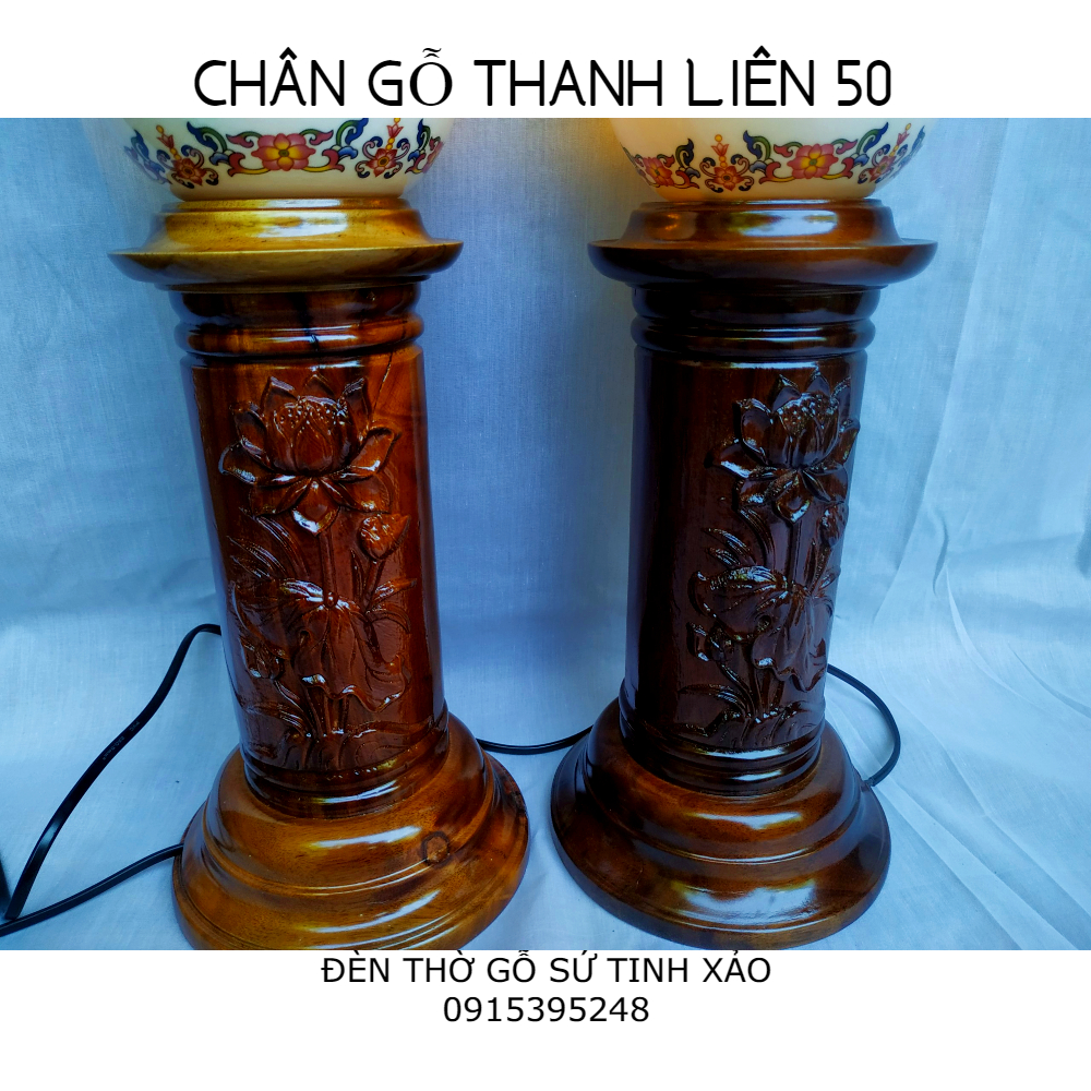 Đôi đèn thờ gỗ sứ tinh xảo THANH LIÊN HƯỚNG THƯỢNG (tặng kèm bóng LED dự phòng)