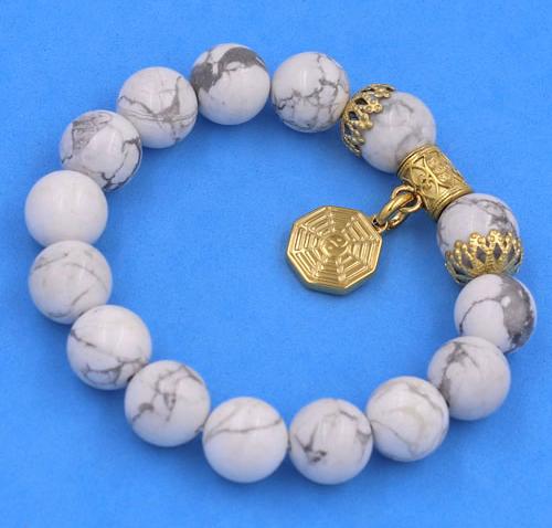 Chuỗi vòng tay Đá White Howlite 12 ly - Vòng tay Bát Quái inox vàng VHWLBQHKV12 - hợp mệnh Kim, mệnh Thủy