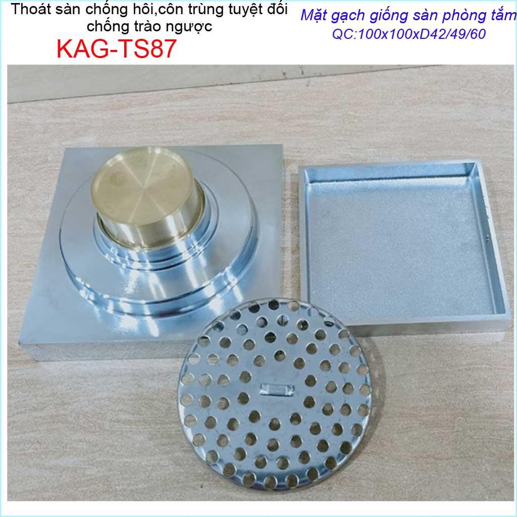 Thoát sàn mặt cắt gạch10x10m, thoát sàn âm inox 304 KAG-TS87, phễu thoát sàn chống hôi chống côn trùng Inox Roca