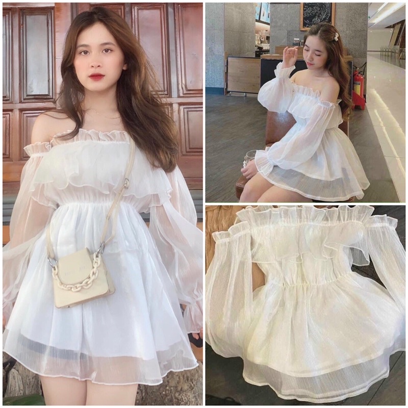 Hình ảnh áo trễ vai tay bồng vải Tơ lụa 2 lớp, áo babydoll nữ bánh bèo dài tay nhún ngực 2 màu trẻ trung