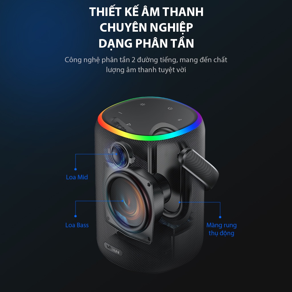 Loa Bluetooth 5.3 VIVAN VS50 Hi-Fi Công Suất 40W Chống Nước IPX7 Hiệu Ứng Đèn LED Loa Ngoài Trời - Hàng Chính Hãng