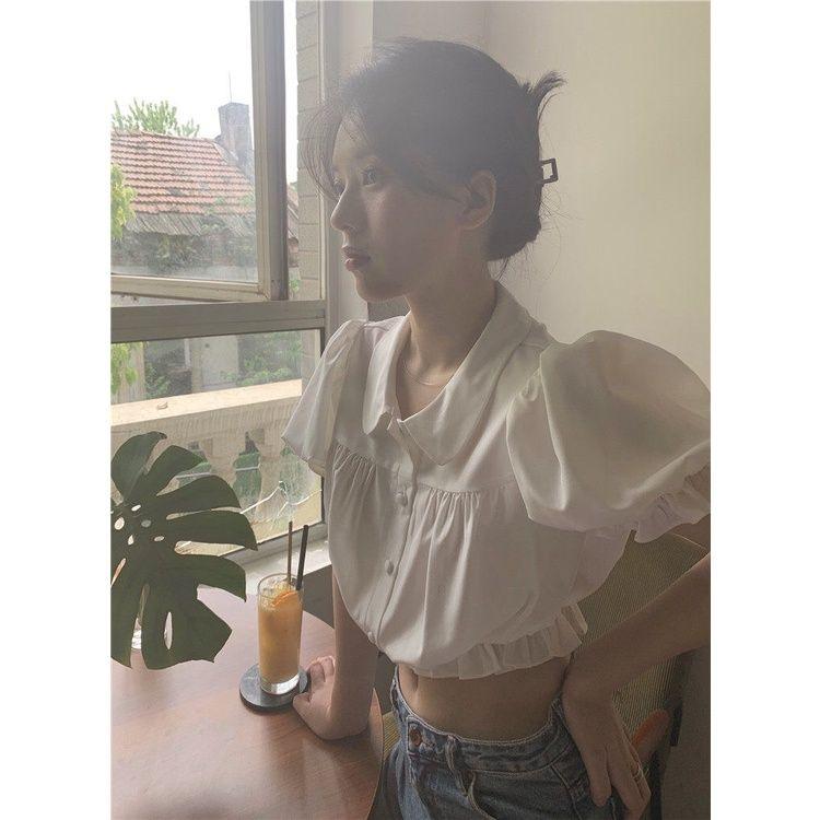 Áo Sơ Mi Cộc Tay Dáng Ngắn Viền Bèo Cổ Sen F029