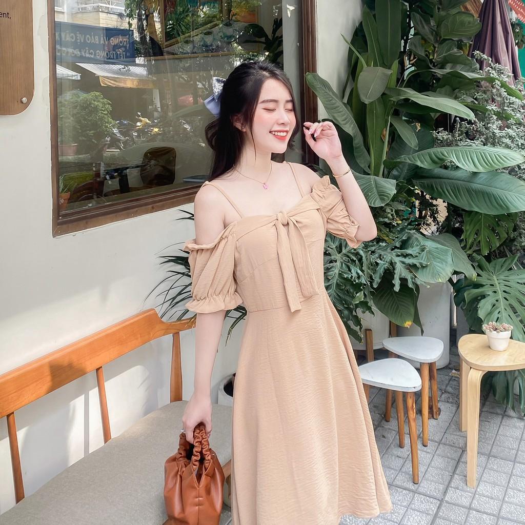 ĐẦM ĐŨI NHẮN 2 LỚP BẸT VAI DÁNG XÒE -hình thật shop chụp