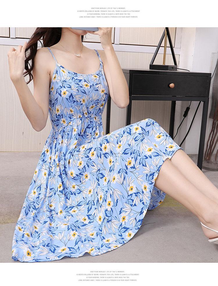 DONGSHOP Mùa hè 2023 Hàn Quốc phiên bản có thể điều chỉnh treo vest đầm mỏng mỏng trung bình dài hoa bãi biển váy