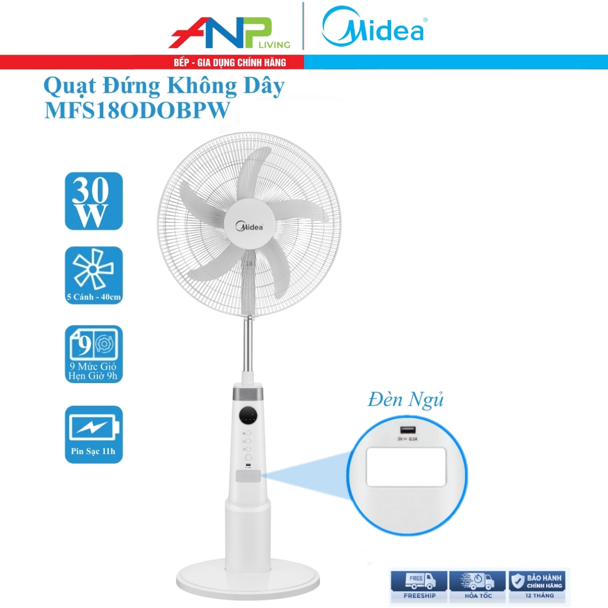 Quạt Cây Đa Năng Midea MFS18ODOBPW / FS45-23MRD (Quạt Sạc Hàng Chính Hãng, Động Cơ DC inverter 30w)